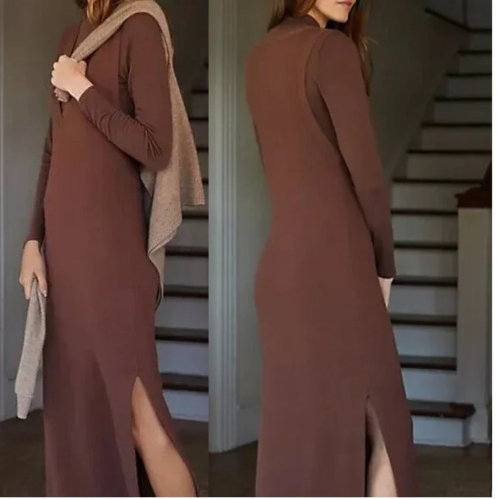 NWT Anthropologie Daily Practice V-Neck Ribbed Sweater Knit Maxi Dress Brown